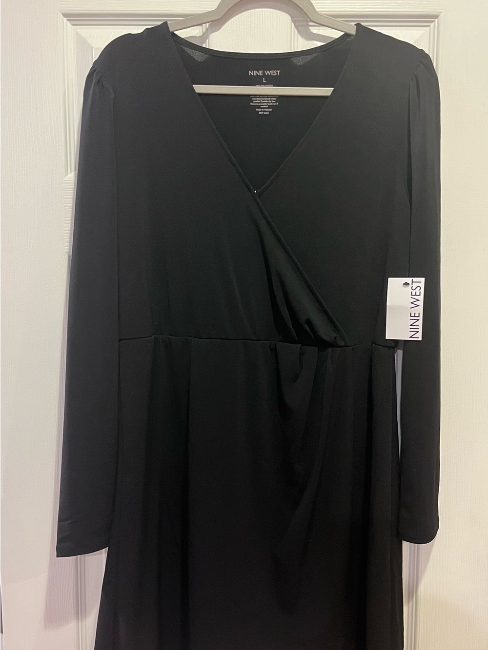 Nine West Black Long Sleeve Faux-Wrap Midi Dress